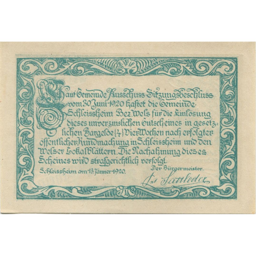 Banknote, Austria, Schleissheim, 20 Heller, château, 1920 UNC(63) Mehl:FS 961
