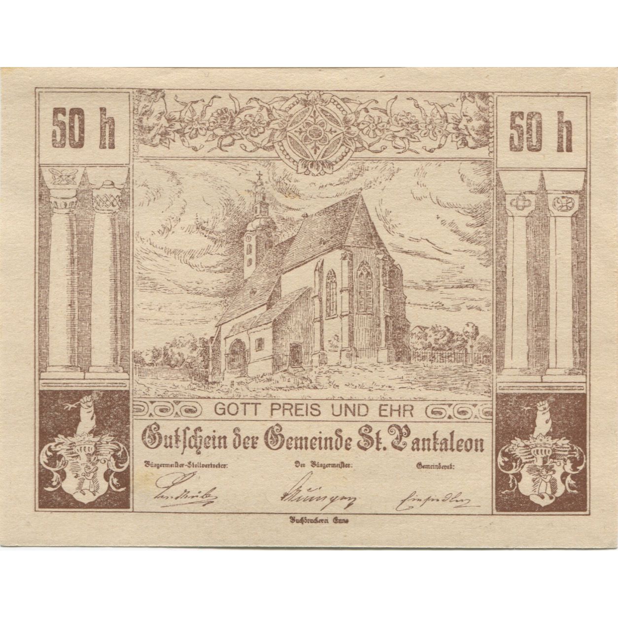 Banknote, Austria, St Pantaleon, 50 Heller, Eglise, 1920 UNC(63) Mehl:FS 920a
