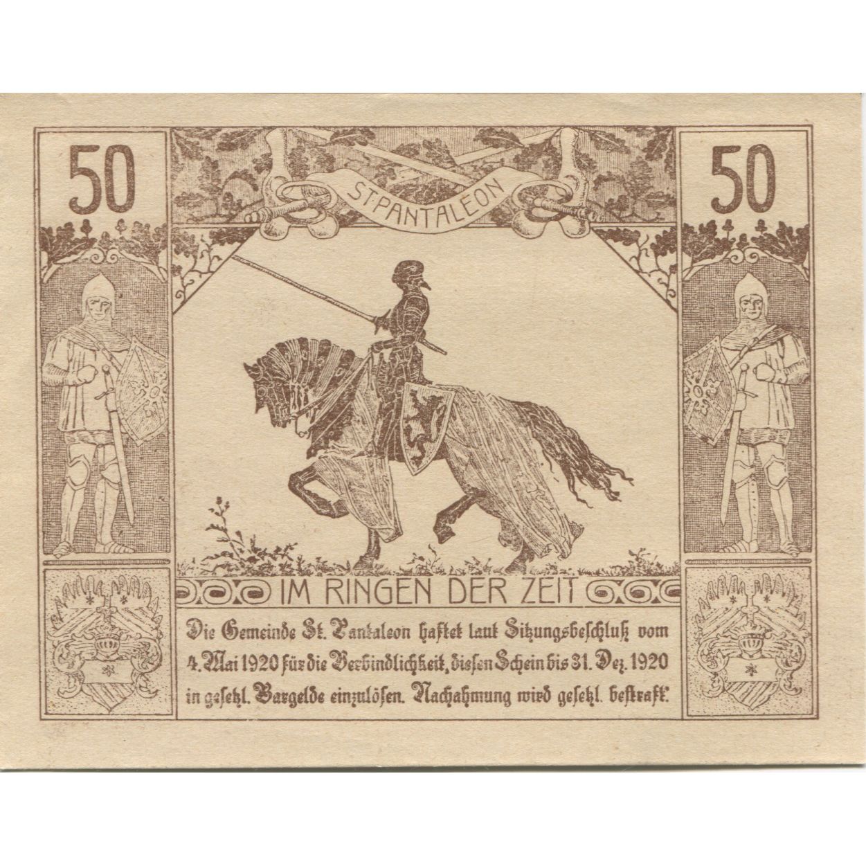 Banknote, Austria, St Pantaleon, 50 Heller, Eglise, 1920 UNC(63) Mehl:FS 920a