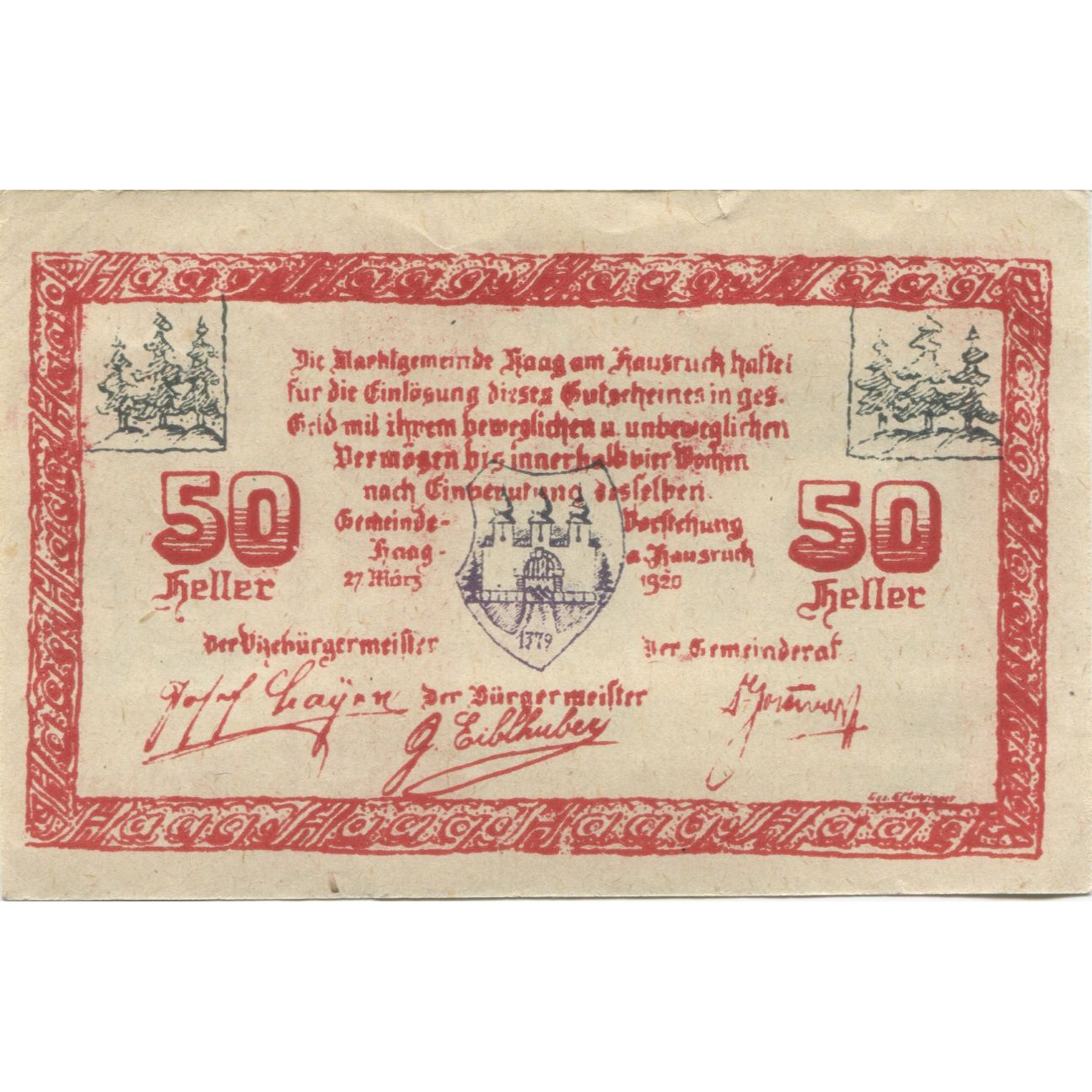 Banknote, Austria, Haag, 50 Heller, Blason, UNC(63), Mehl:FS 322a