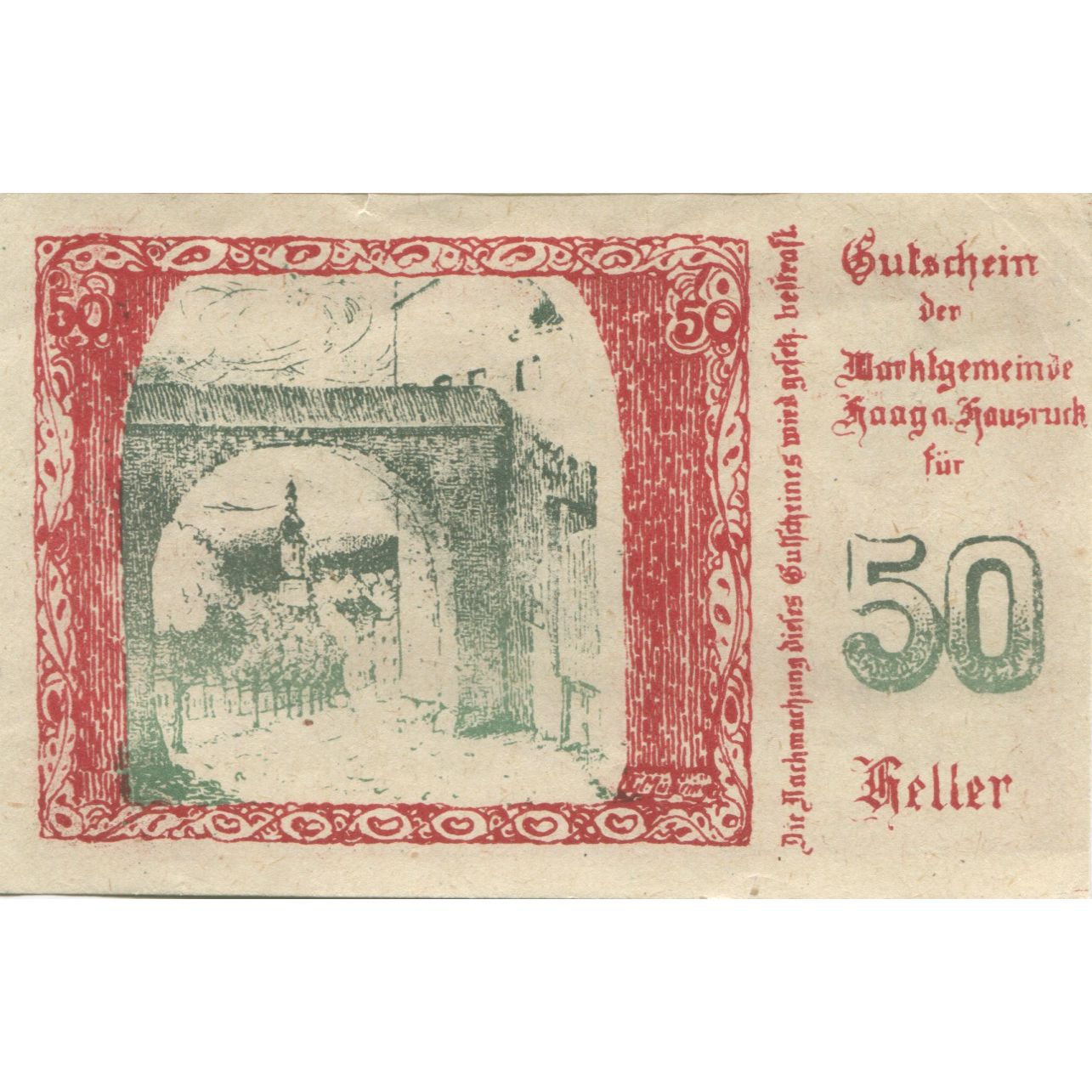 Banknote, Austria, Haag, 50 Heller, Blason, UNC(63), Mehl:FS 322a
