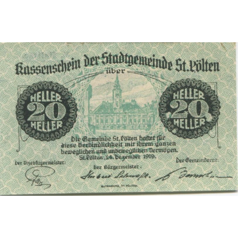 Nota, Áustria, St Pölten, 20 Heller, château 1920-06-30, UNC(63) Mehl:FS 927