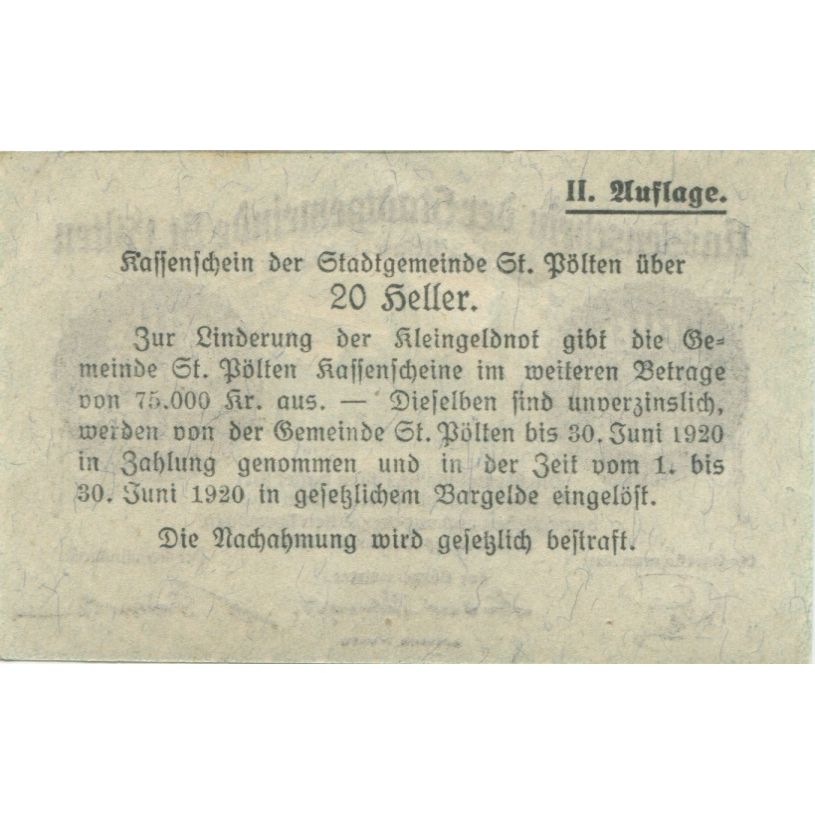 Nota, Áustria, St Pölten, 20 Heller, château 1920-06-30, UNC(63) Mehl:FS 927