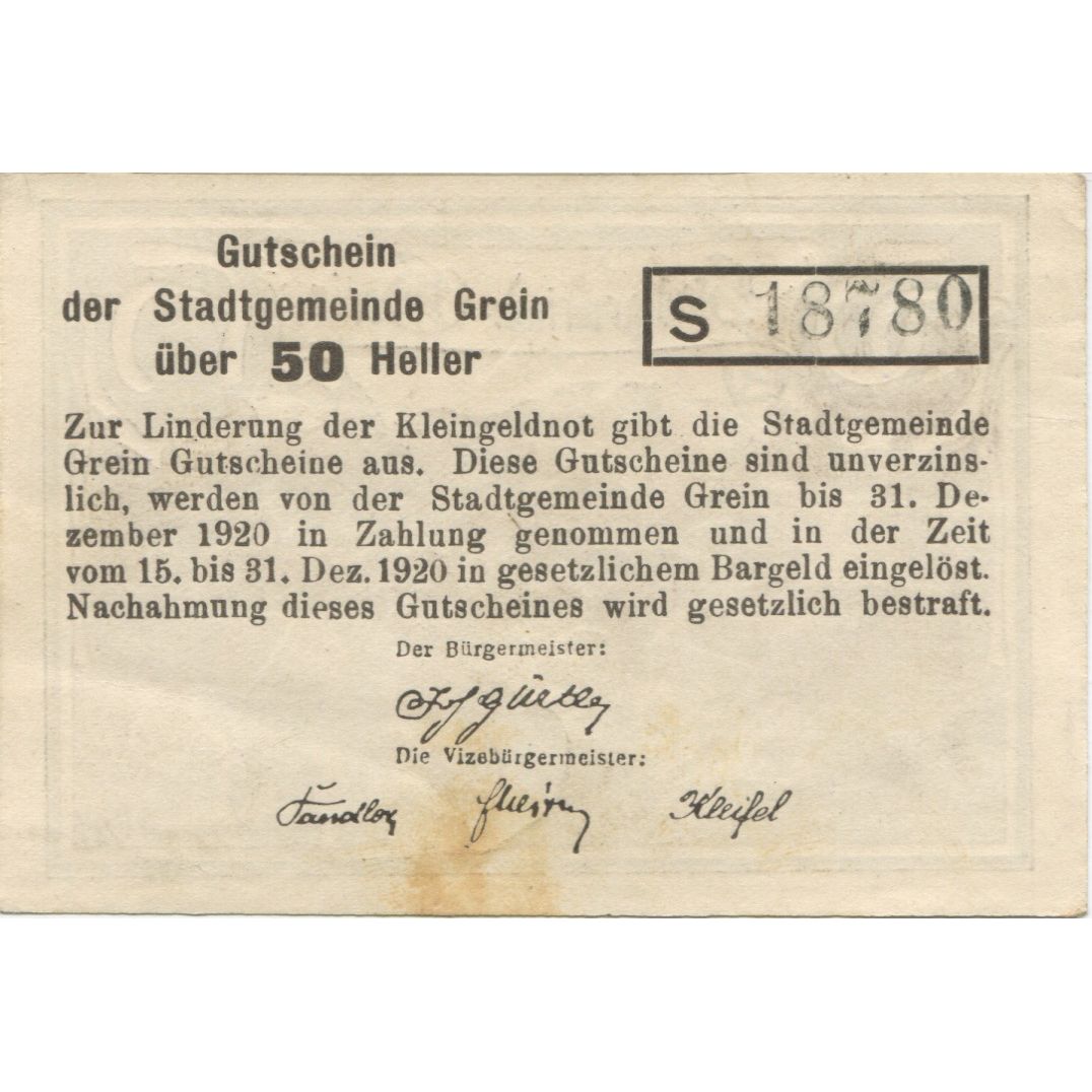 Nota, Áustria, Grein, 50 Heller, village 1920-12-31, UNC(63) Mehl:FS 276Ib