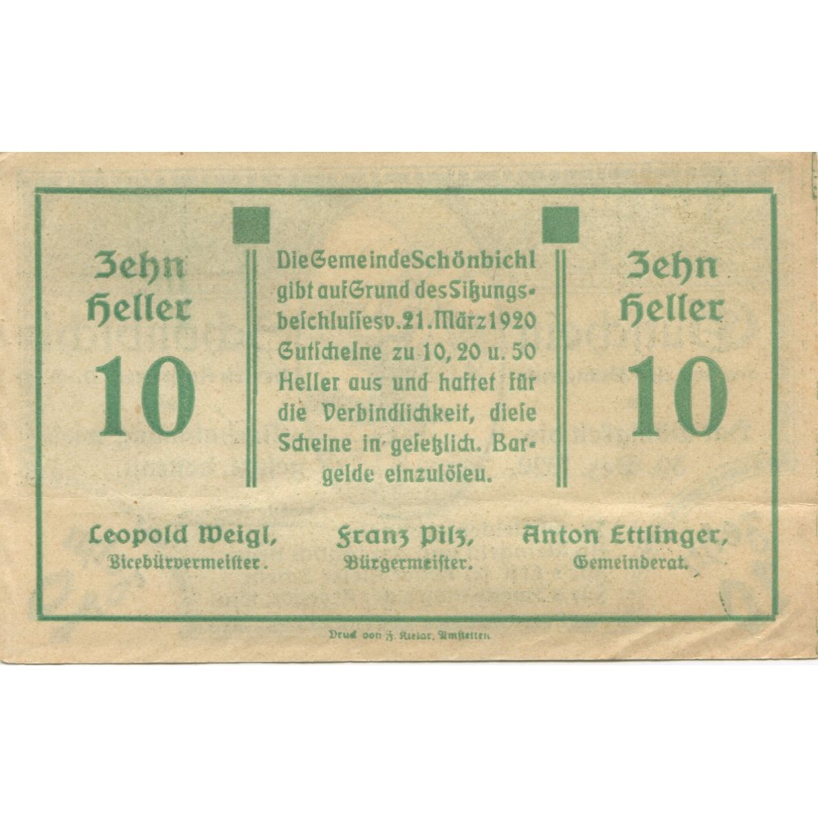 Banknote, Austria, Schonbichl, 10 Heller, champs, 1920 UNC(63) Mehl:FS 969IId
