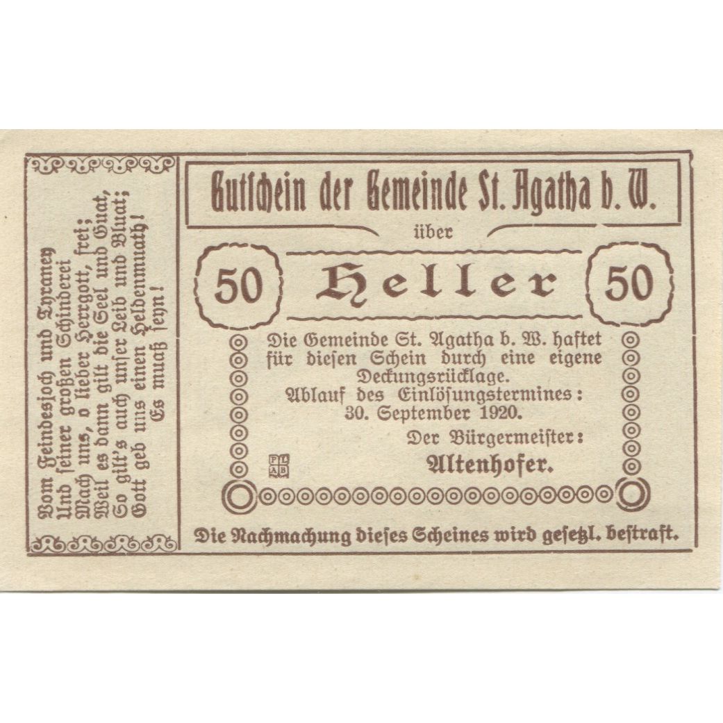 Banknote, Austria, St Agatha, 50 Heller, Maison, 1920 UNC(63) Mehl:FS 877Ib