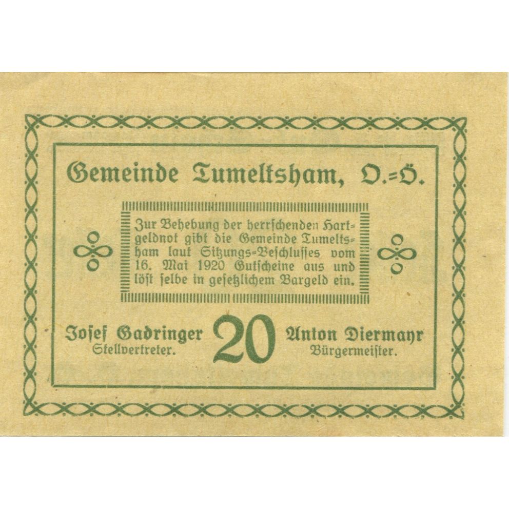 Banknote, Austria, Tumeltsham, 20 Heller face value 1920 UNC(63) Mehl:FS 1085IIb