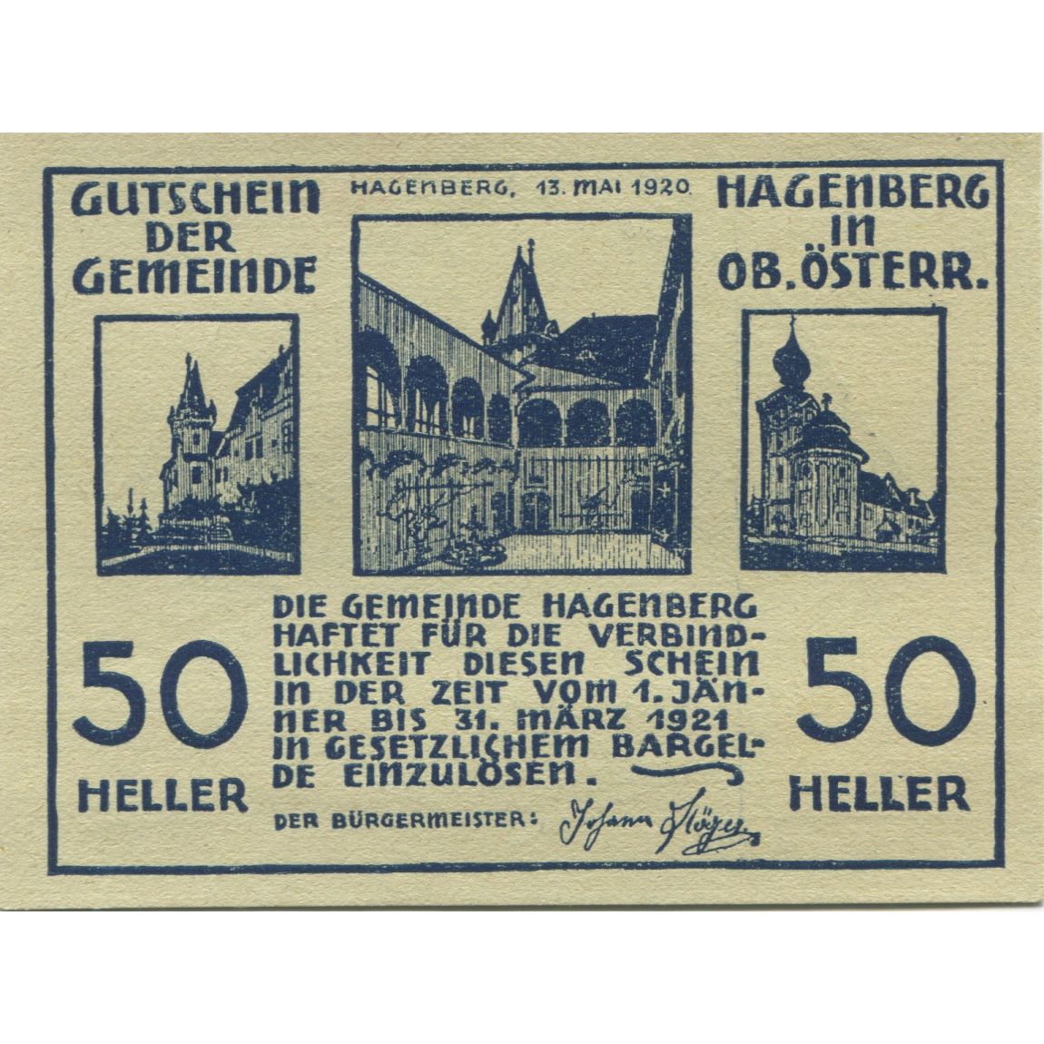 Banknote, Austria, Hagenberg, 50 Heller, Eglise, 1921 UNC(63) Mehl:FS 330a