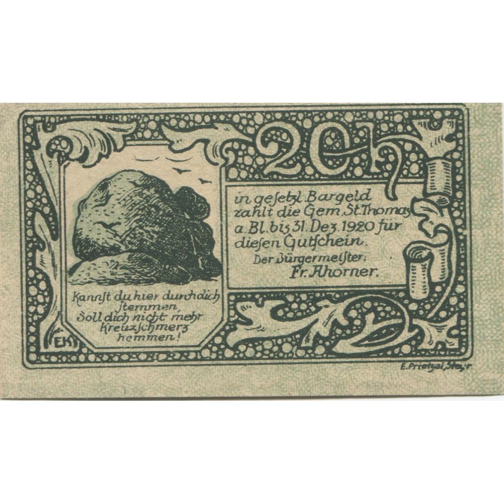 Nota, Áustria, St Thomas, 20 Heller, rocher 1920-12-31, UNC(63) Mehl: FS 938a