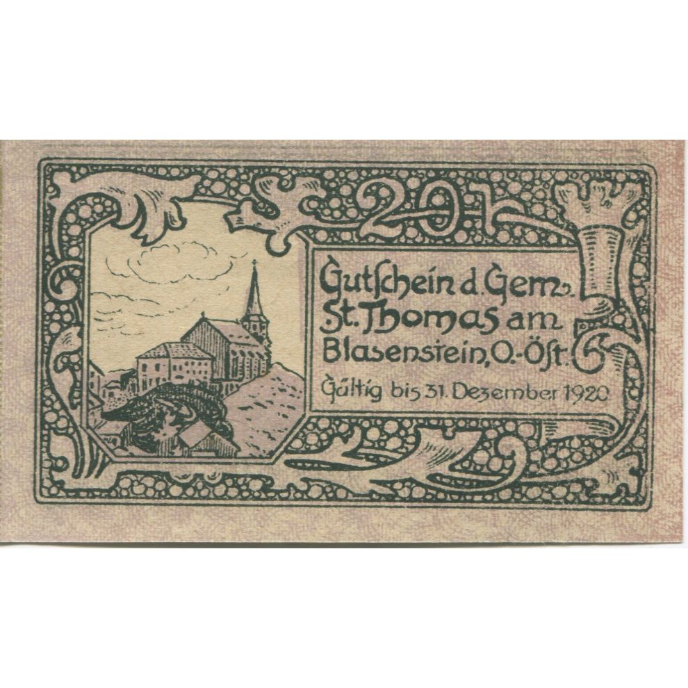 Nota, Áustria, St Thomas, 20 Heller, rocher 1920-12-31, UNC(63) Mehl: FS 938a