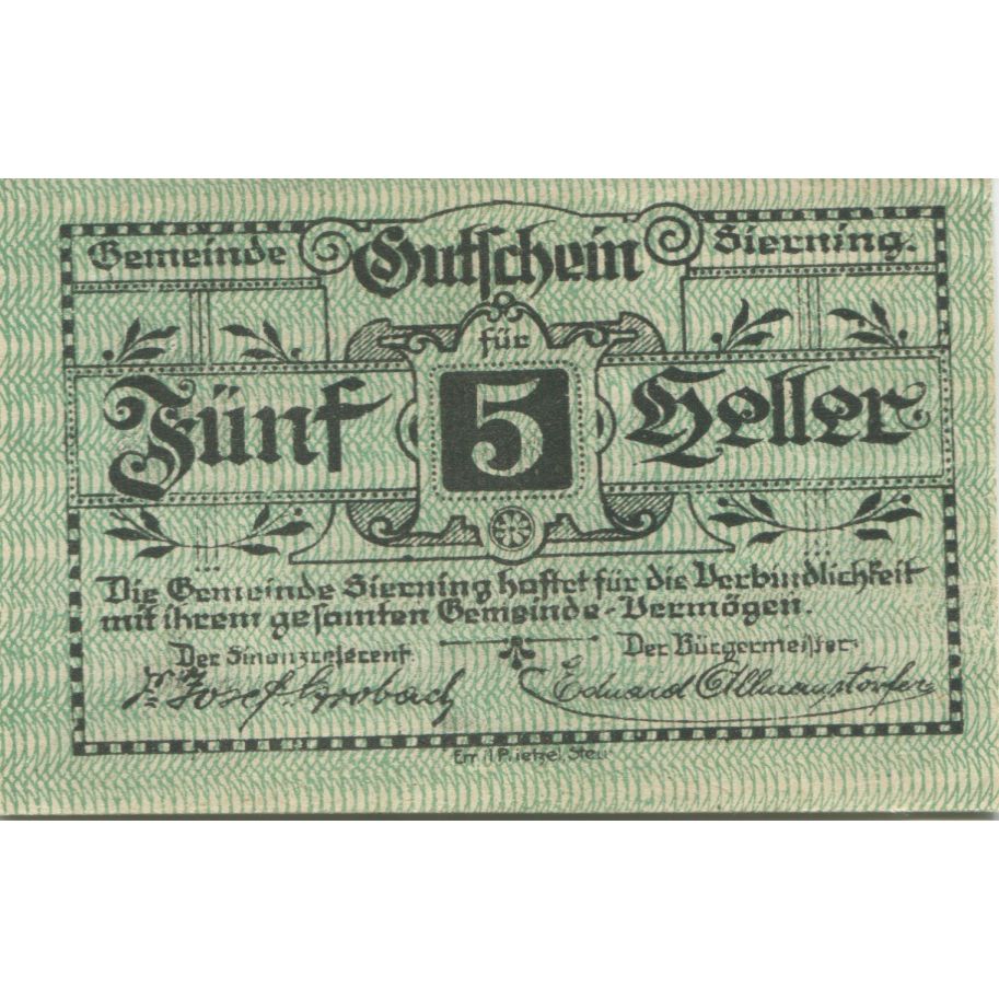 Geldschein, Österreich, Sierning, 5 Heller, personnage, 1921 UNZ- Mehl: FS 995d
