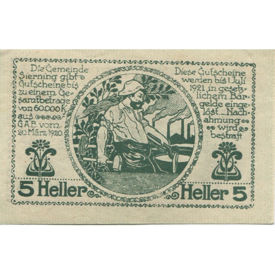 Geldschein, Österreich, Sierning, 5 Heller, personnage, 1921 UNZ- Mehl: FS 995d