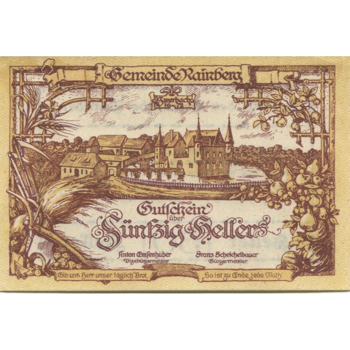 Banknote, Austria, Rainberg, 50 Heller, château, 1920 UNC(63) Mehl: FS 815a