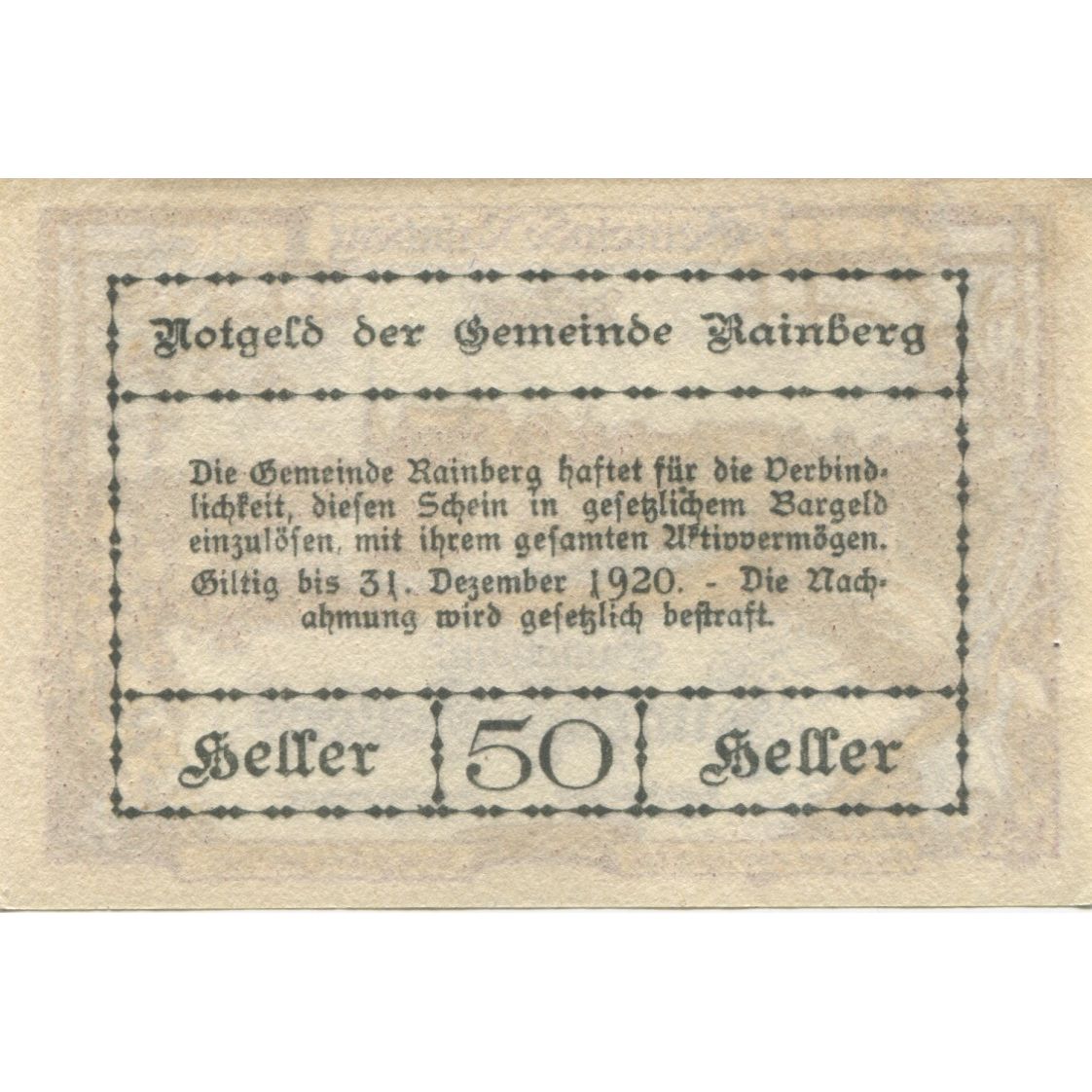Banknote, Austria, Rainberg, 50 Heller, château, 1920 UNC(63) Mehl: FS 815a