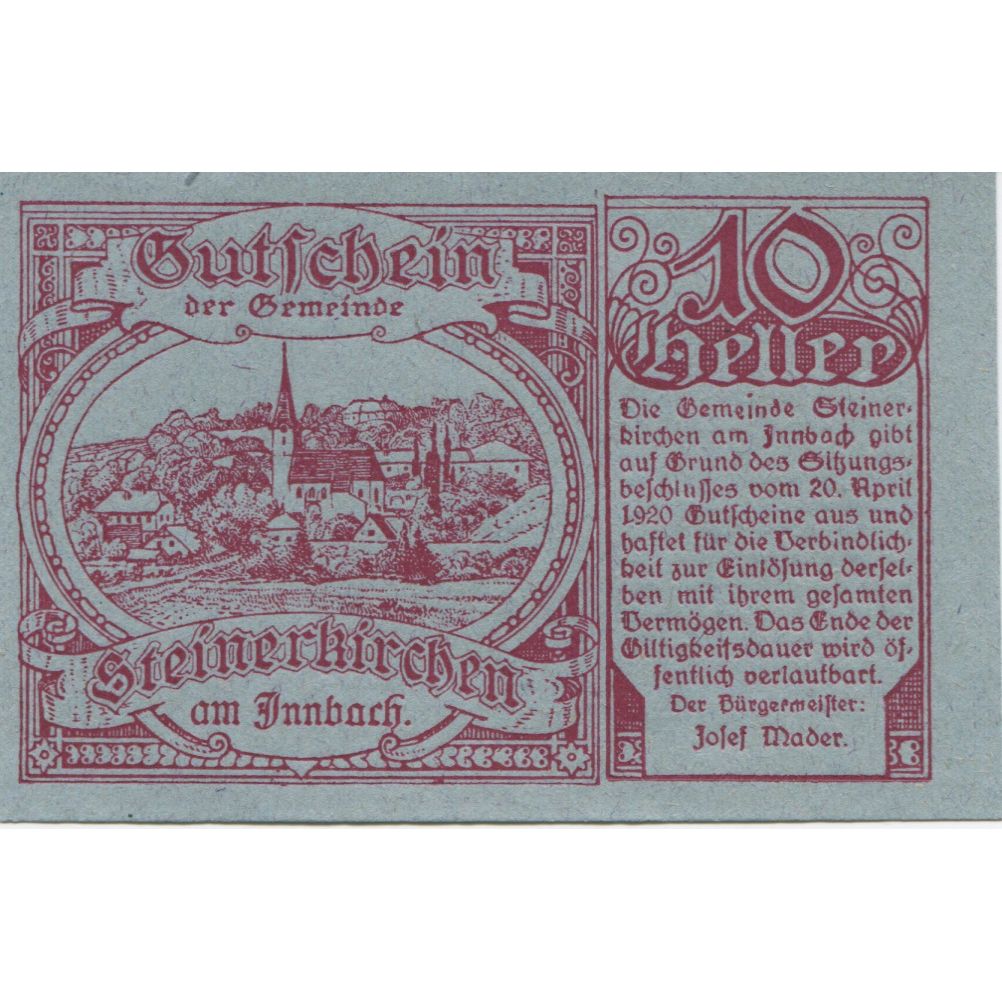 Billete, Austria, Steinerkirchen, 10 Heller, village, 1920, SC, Mehl:FS 1028a