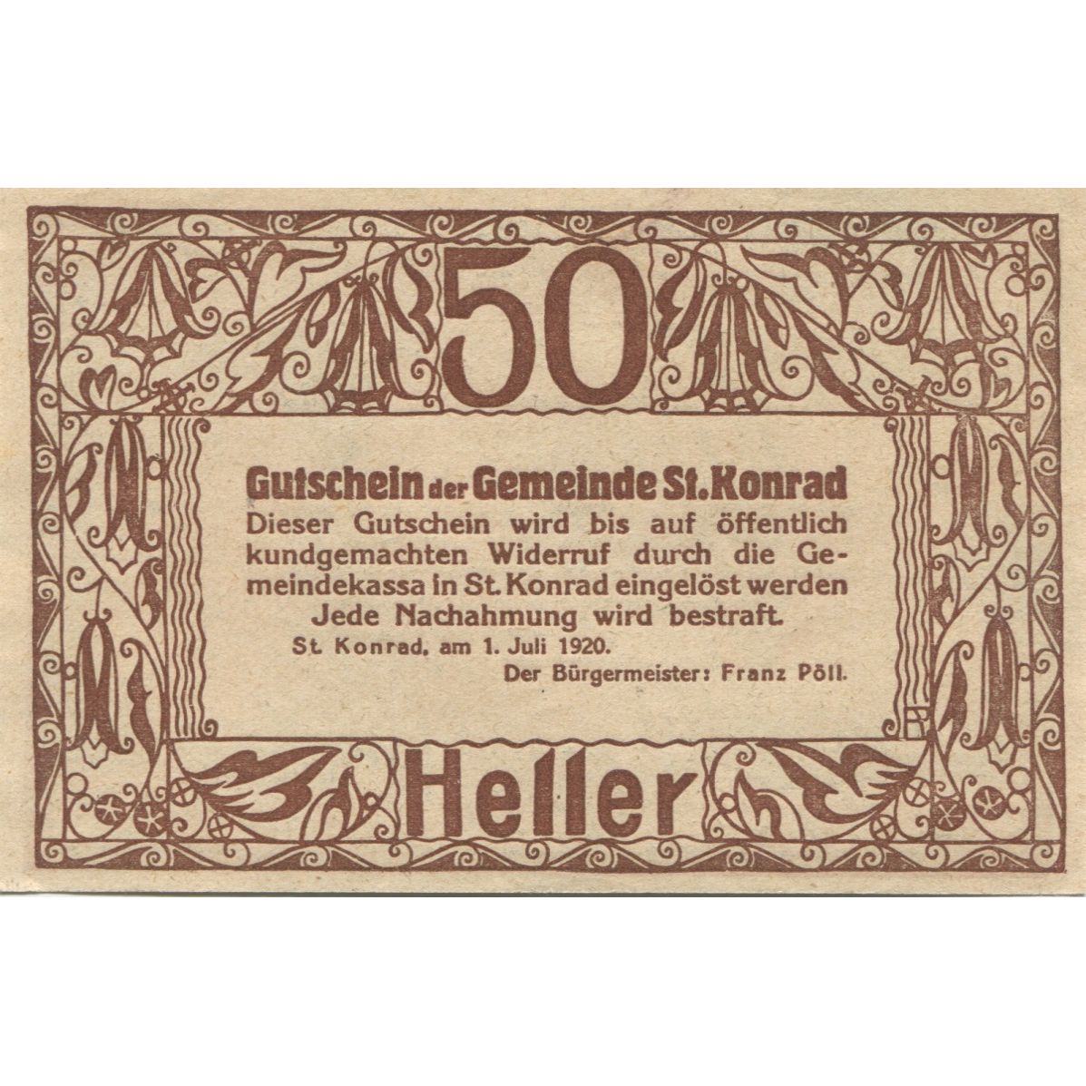 Banknot, Austria, ST KONRAD, 50 Heller, Eglise, 1920, UNC(63), Mehl:FS 899