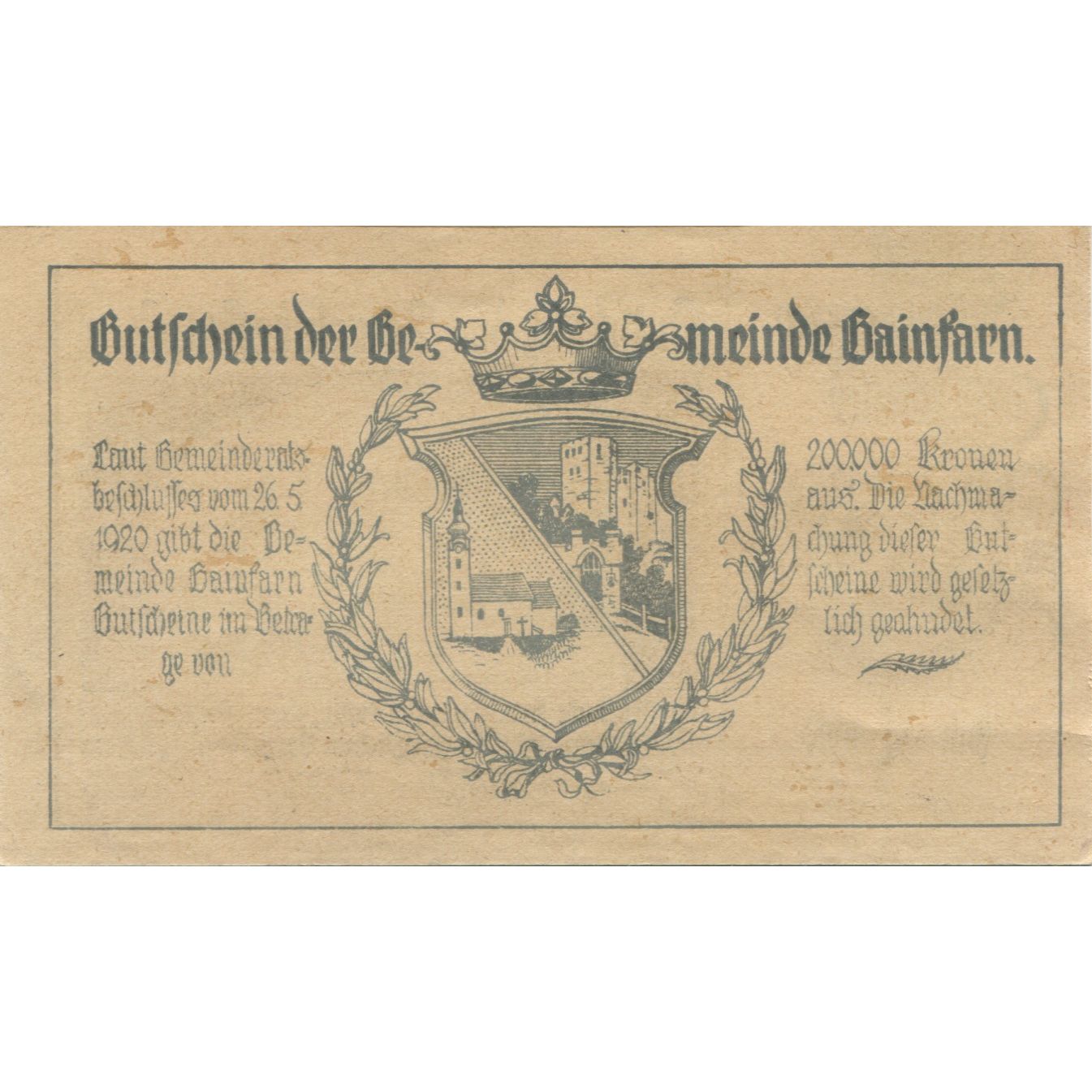 Banknote, Austria, Gainfarn, 20 Heller, village, 1920, UNC(63) Mehl:FS 217a