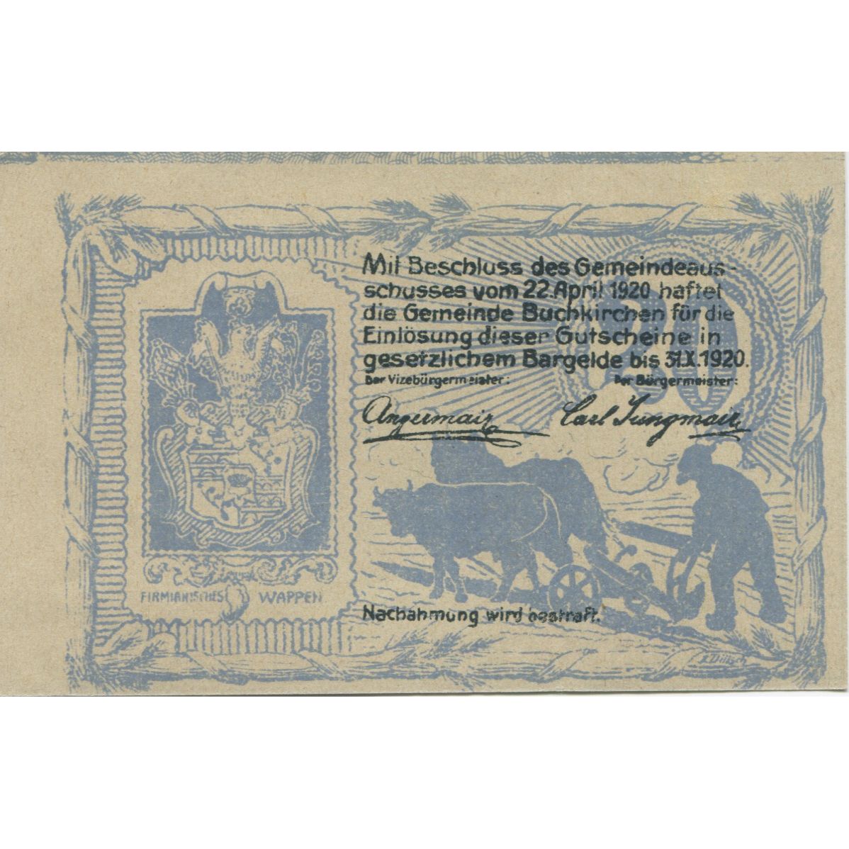 Nota, Áustria, Buchkirchen, 20 Heller, champs 1920-10-31, UNC(63) Mehl:FS 114SS