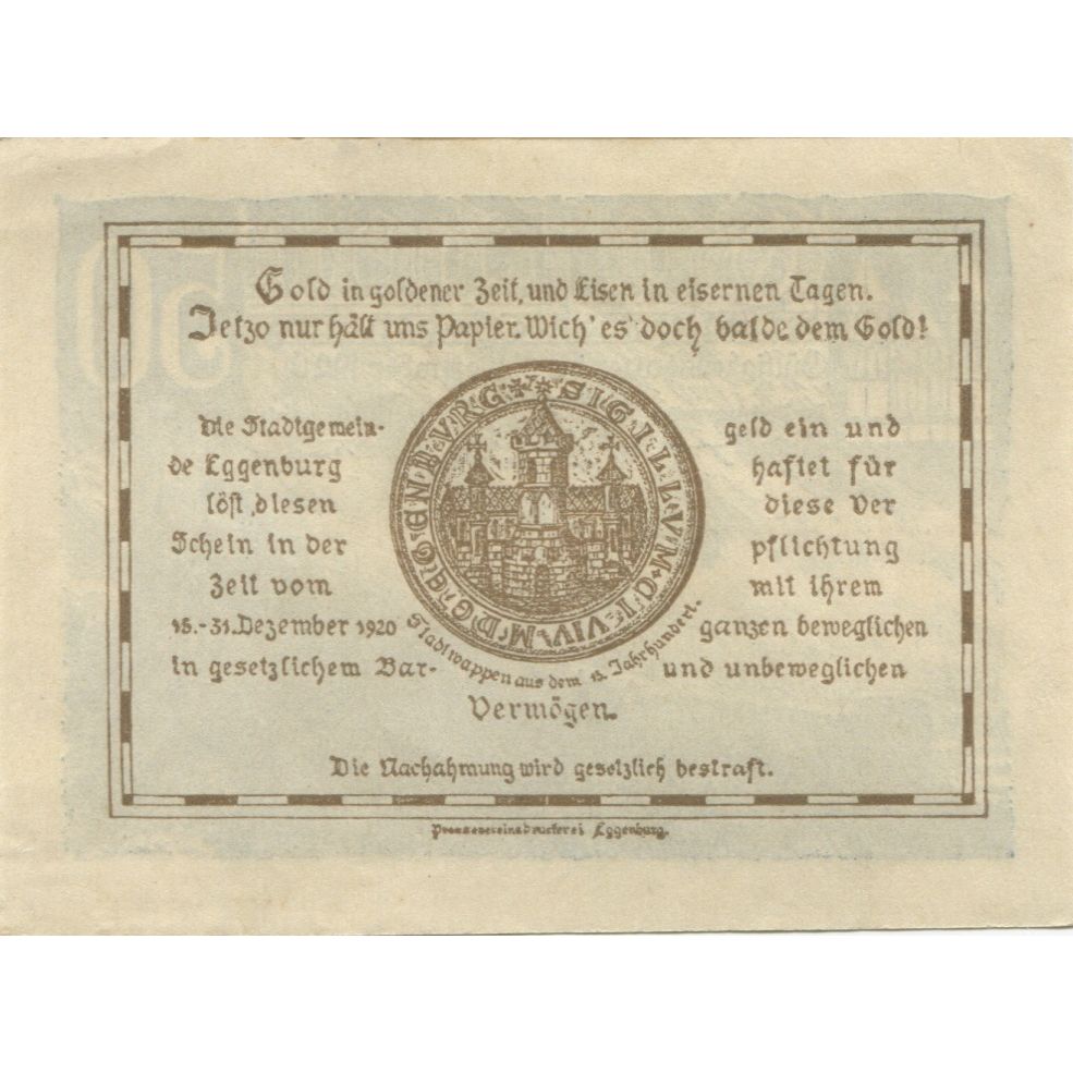 Banknote, Austria, Eggenburg, 50 Heller, château, 1920 UNC(63) Mehl:FS 162d