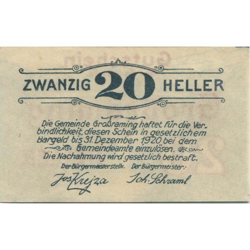 Banknote, Austria, Grossraming, 20 Heller, pont, 1920, UNC(63) Mehl:FS 296I