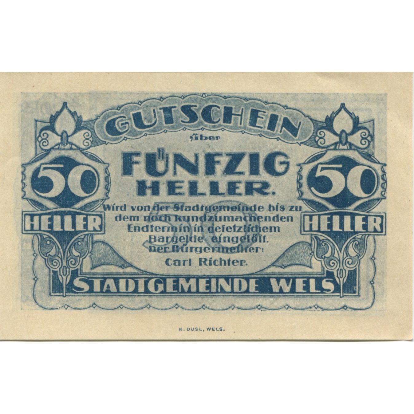 Geldschein, Österreich, Wels, 50 Heller, rue, 1920, UNZ-, Mehl:FS 1167II