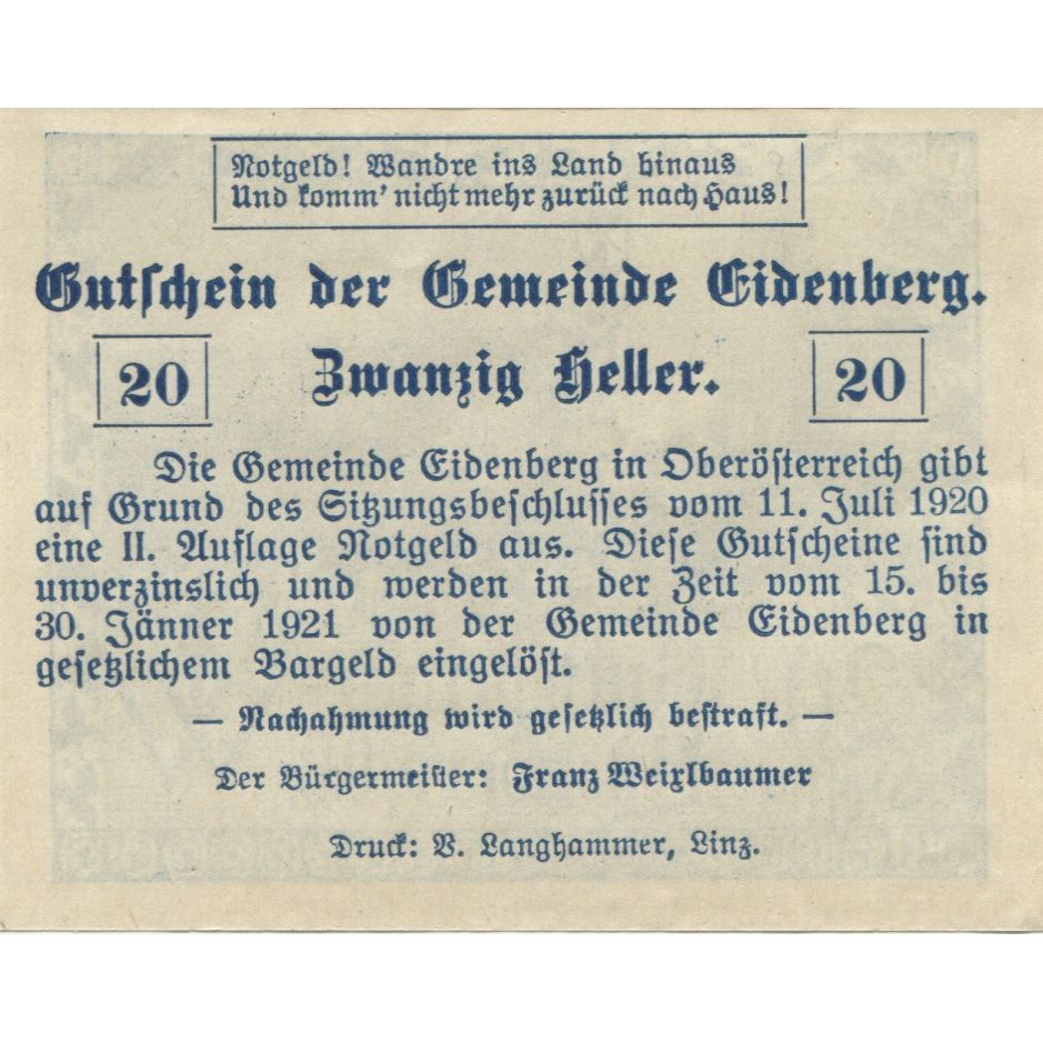 Geldschein, Österreich, Eidenberg, 20 Heller, château 1921 UNZ- Mehl:FS 168