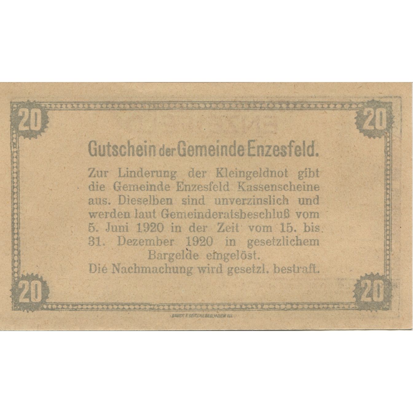 Geldschein, Österreich, Enzesfeld, 20 Heller, gare 1920-12-31, UNZ- Mehl:FS 179a