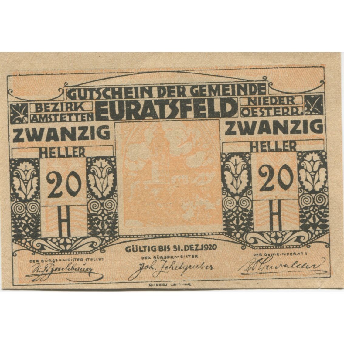 Geldschein, Österreich, Euratsfeld, 20 Heller, Eglise 1920 UNZ- Mehl:FS 192a