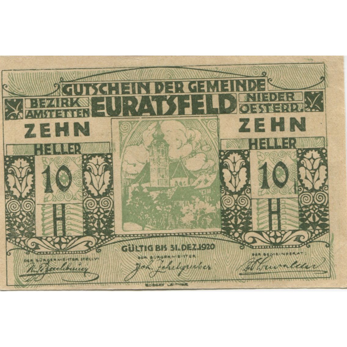 Banknote, Austria, Euratsfeld 10 Heller, Blason 1920-12-31, UNC(63) Mehl:FS 192a