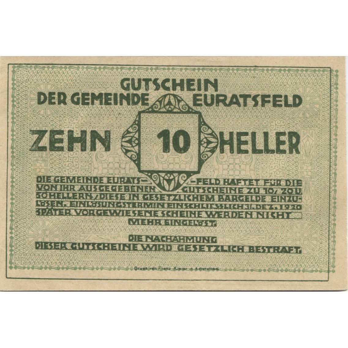 Banknote, Austria, Euratsfeld 10 Heller, Blason 1920-12-31, UNC(63) Mehl:FS 192a