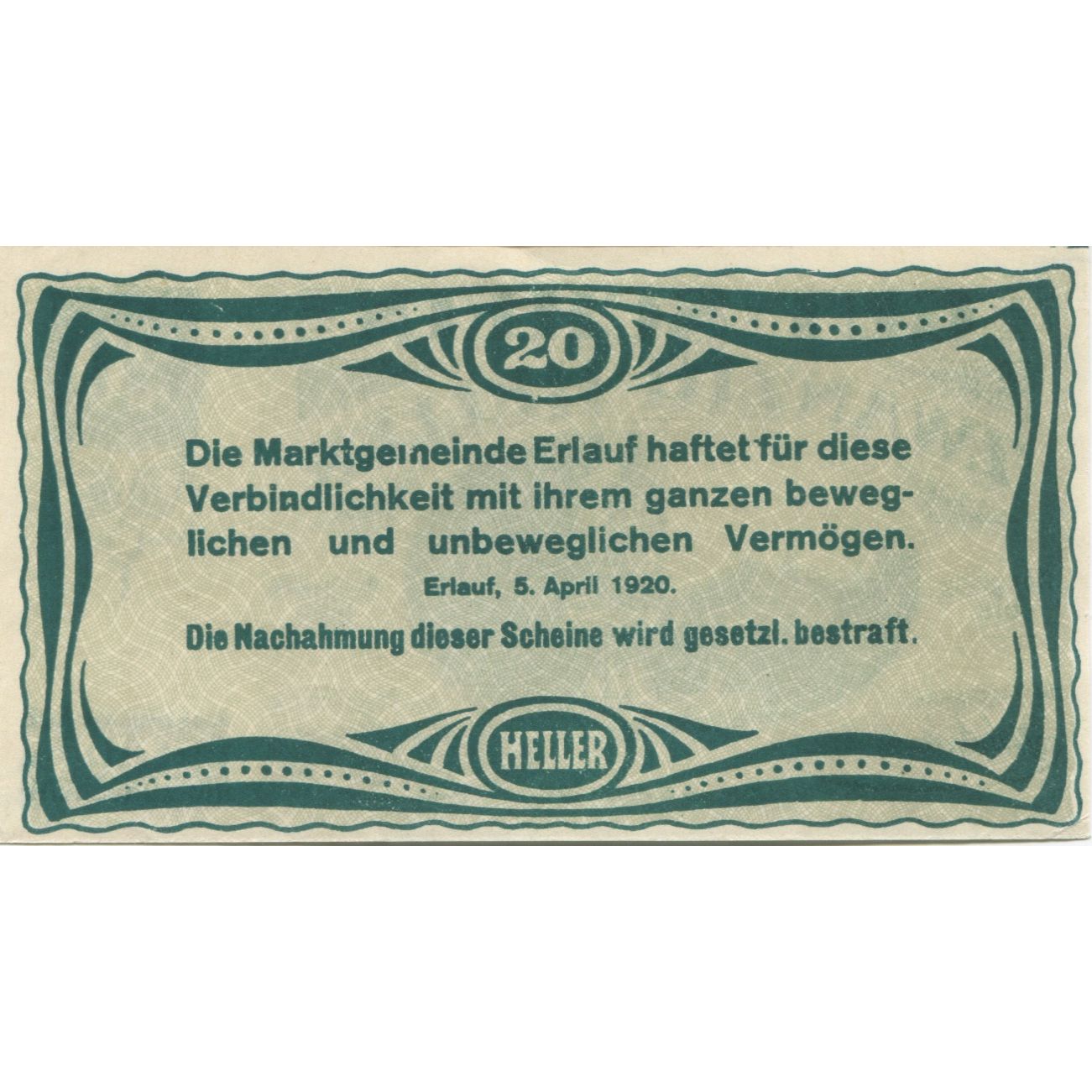 Banknot, Austria, Erlauf, 20 Heller, Eglise 1, 1920-12-31, UNC(63) Mehl:FS 181b
