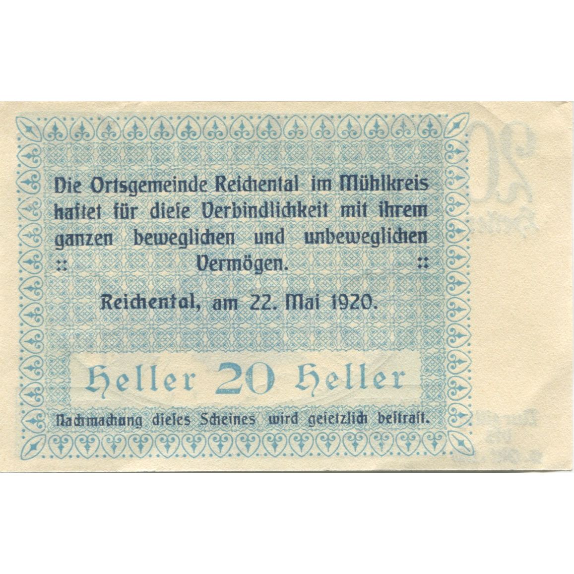 Banknote, Austria, Reichental, 20 Heller, village, 1920, UNC(63), Mehl:FS 827Ia