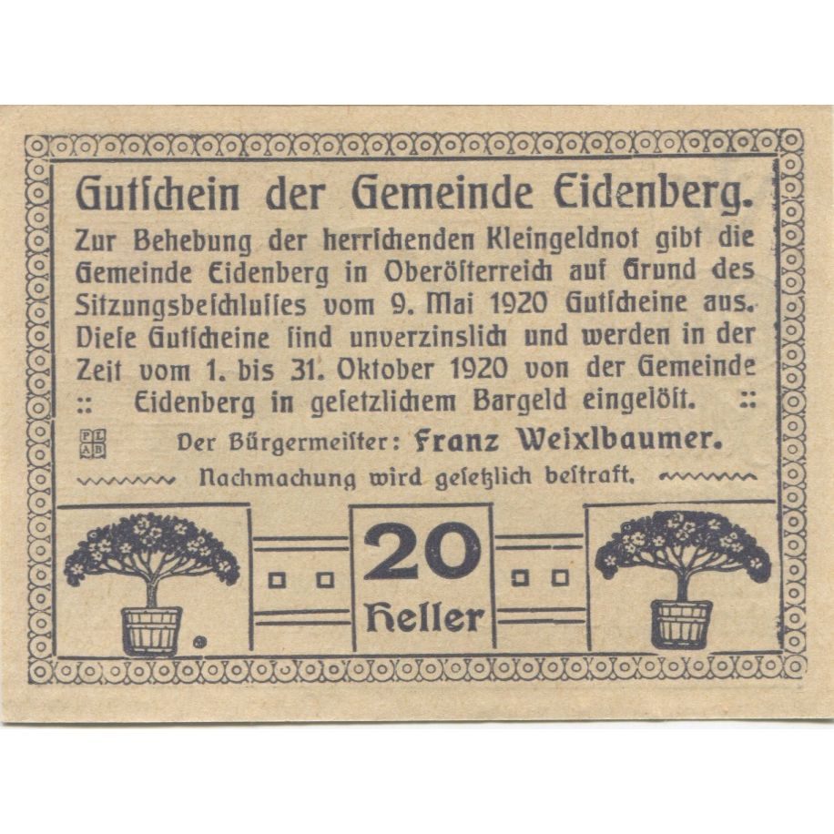 Billete, Austria, Eidenberg, 20 Heller, château 1920-10-31, SC Mehl:FS 168Ia