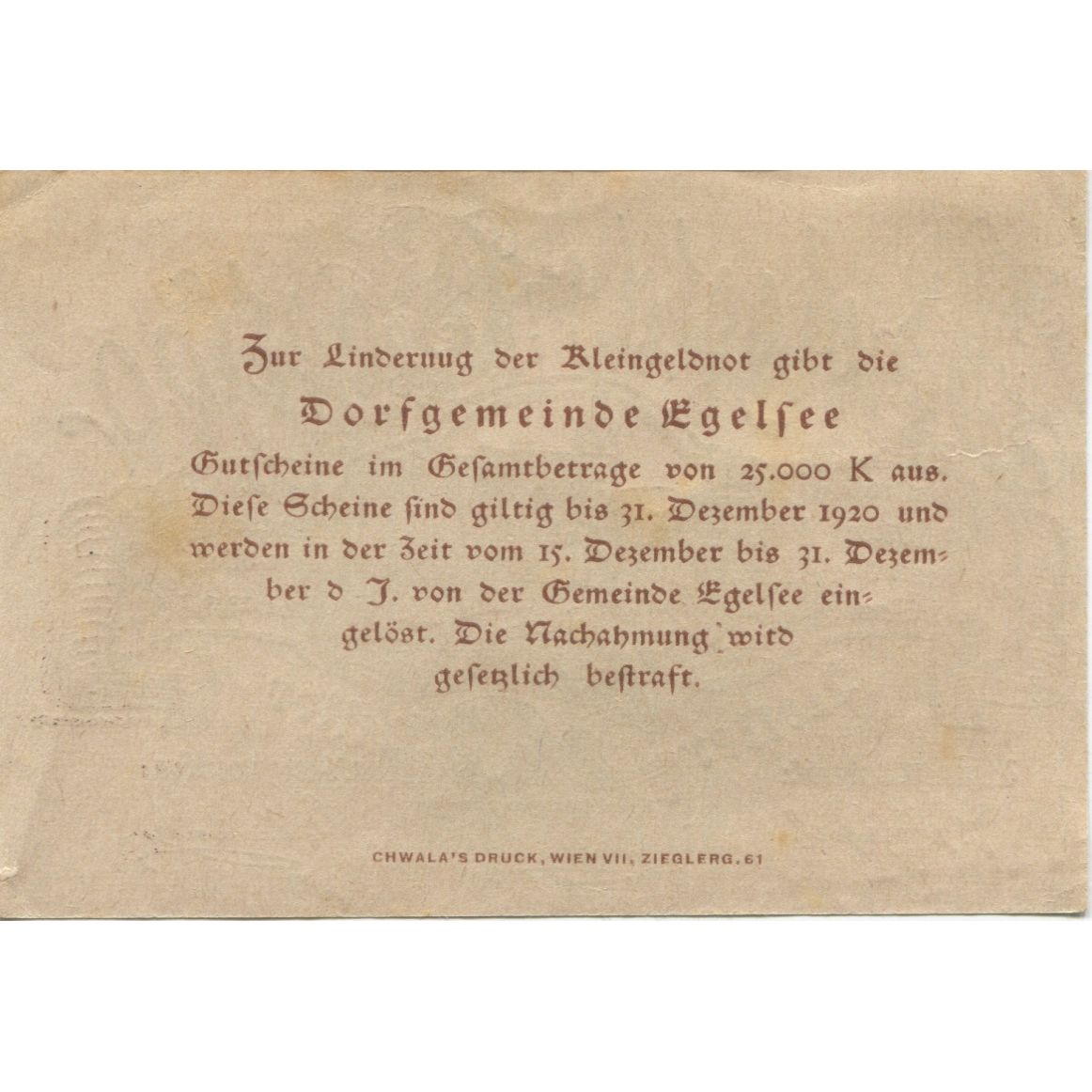 Banknot, Austria, Egelsee, 50 Heller, Eglise 1920-12-31, UNC(63), Mehl:FS 158a