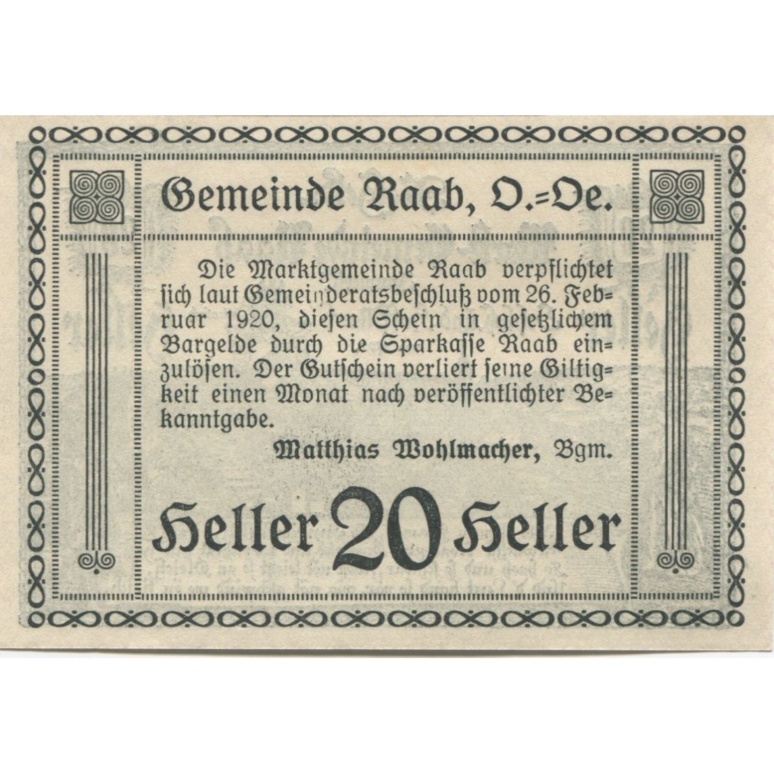 Banconote, Austria, Raab, 20 Heller, village, 1920, SPL, Mehl:FS 805IIa
