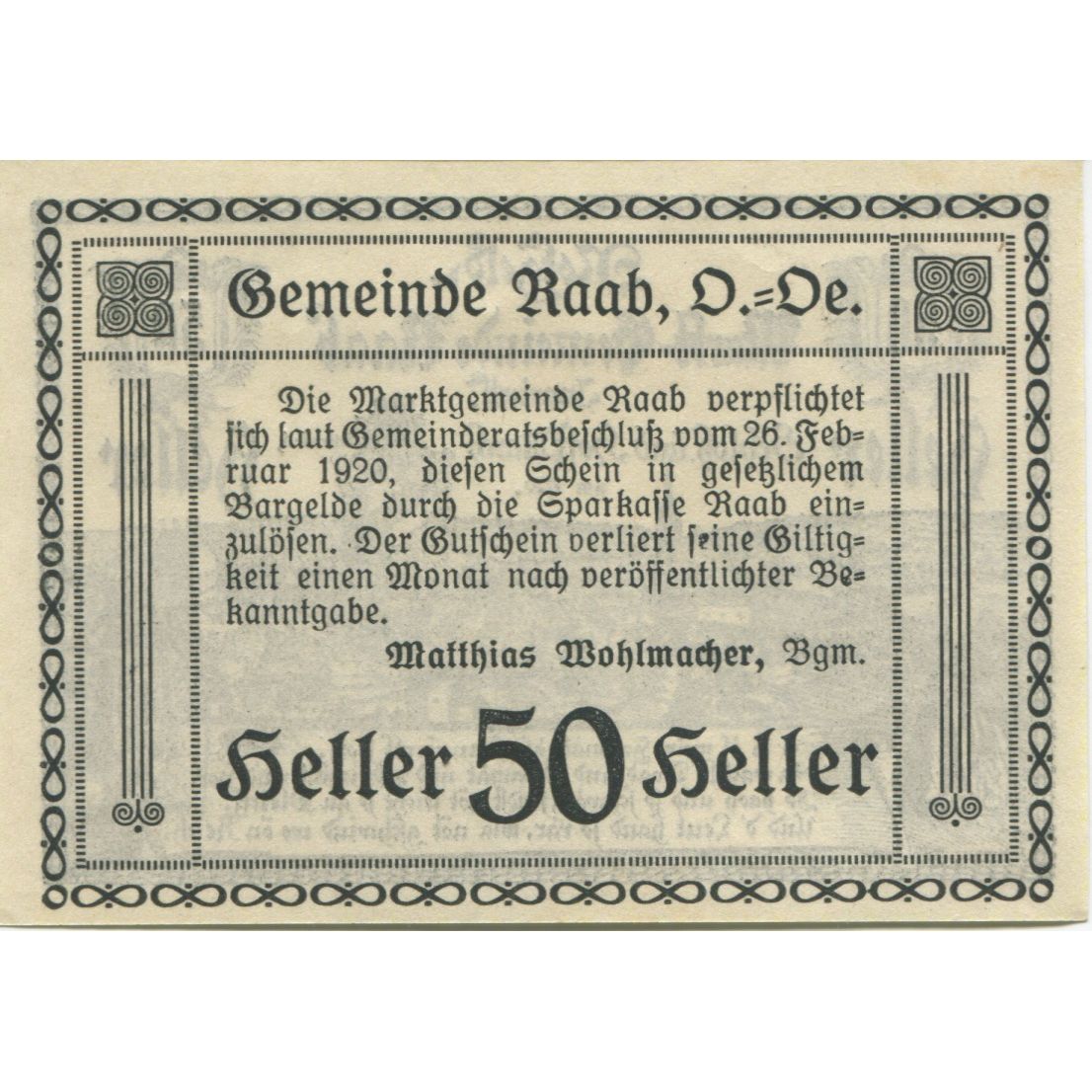 Banknote, Austria, Raab, 50 Heller, paysage, 1920, UNC(63), Mehl:FS 805IIa