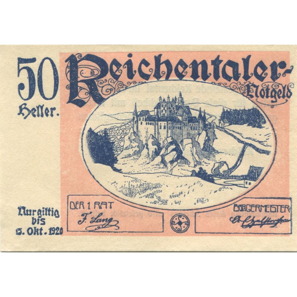 Nota, Áustria, Reichental, 50 Heller, château, 1920, UNC(63), Mehl:FS 827Ia