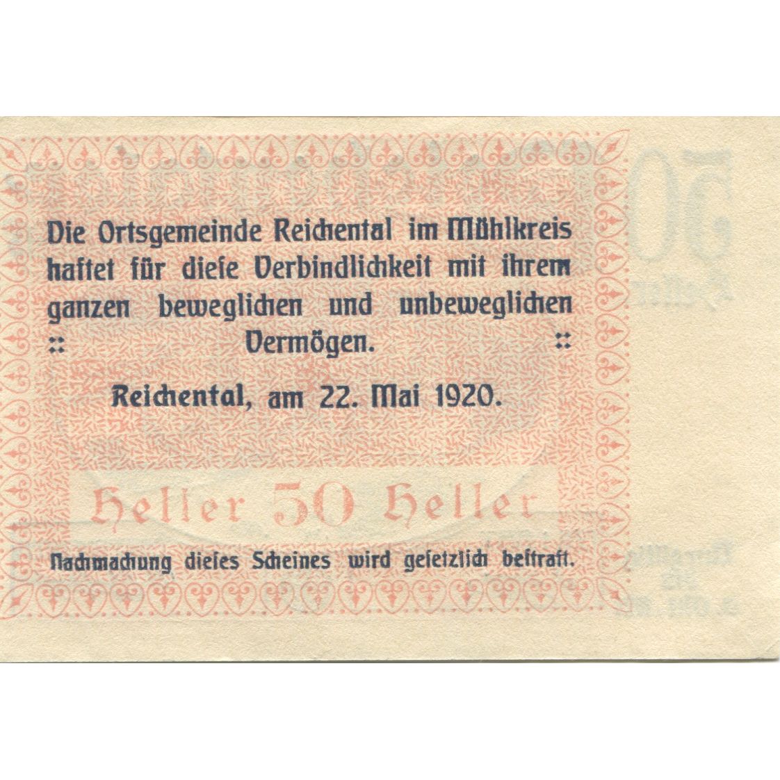 Nota, Áustria, Reichental, 50 Heller, château, 1920, UNC(63), Mehl:FS 827Ia