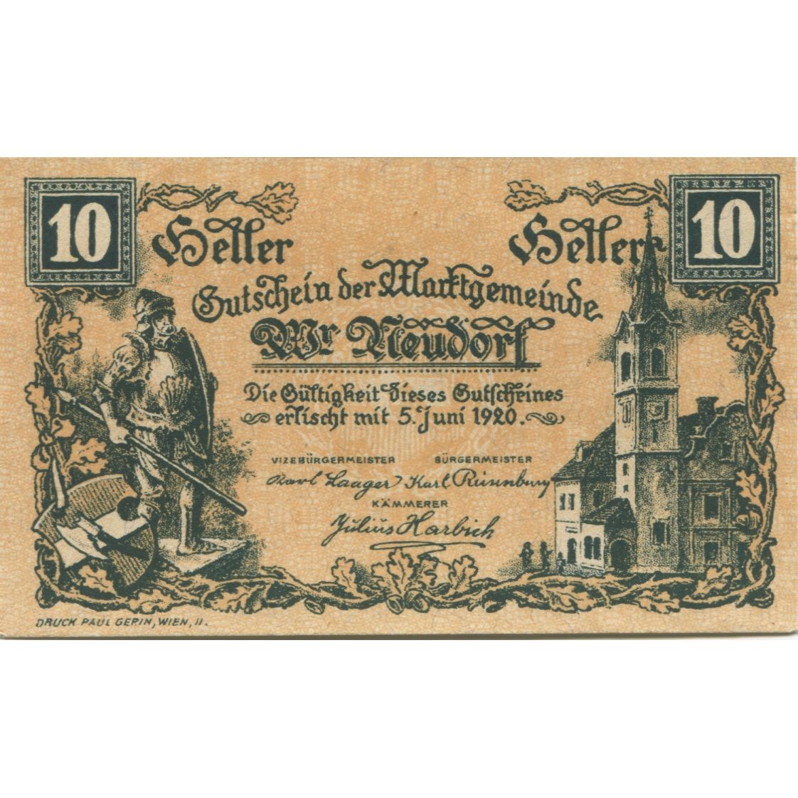 Banknote, Austria, Neudorf, 10 Heller, château, 1920 UNC(63) Mehl:FS 1229Ia