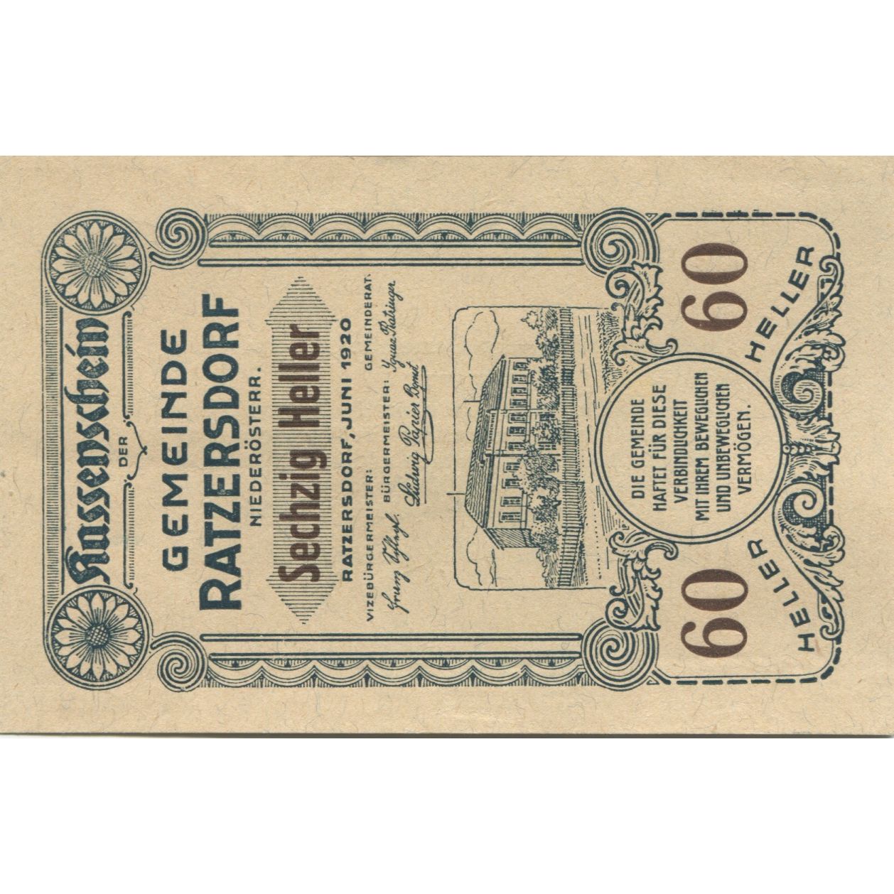 Biljet, Oostenrijk, Ratzersdorf, 60 Heller, Maison 1920-12-31, SPL Mehl:FS 822
