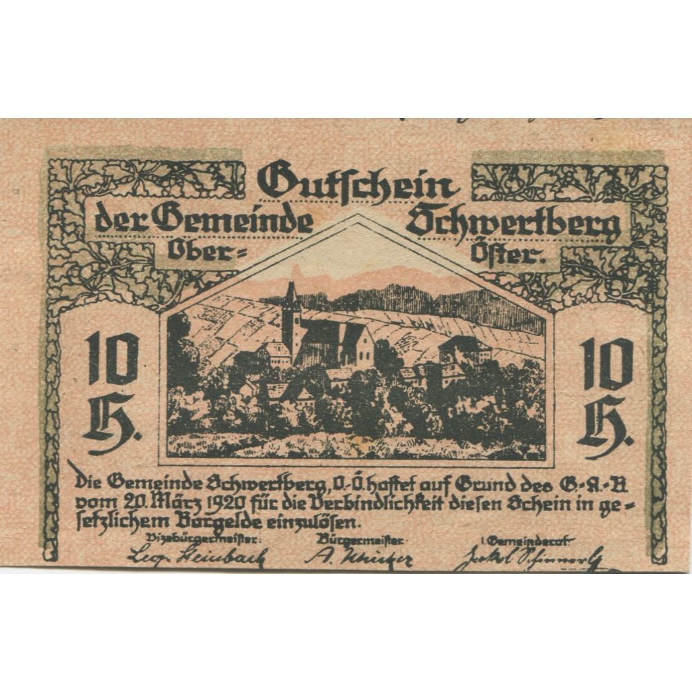 Geldschein, Österreich, Schwertberg, 10 Heller, village, 1920 UNZ- Mehl:FS 984Ia