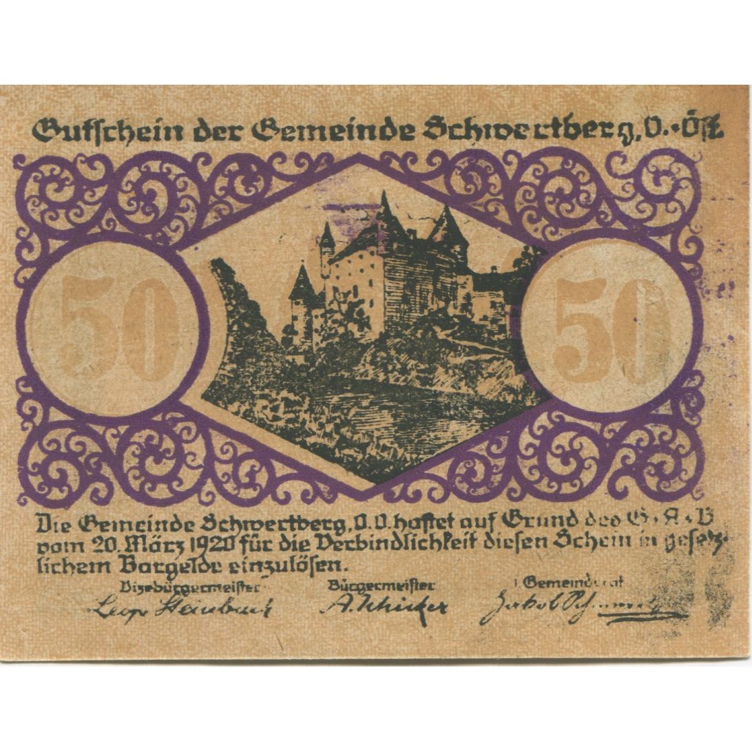 Banconote, Austria, Schwertberg, 50 Heller, château 1920-12-31 SPL Mehl:FS 984Ia