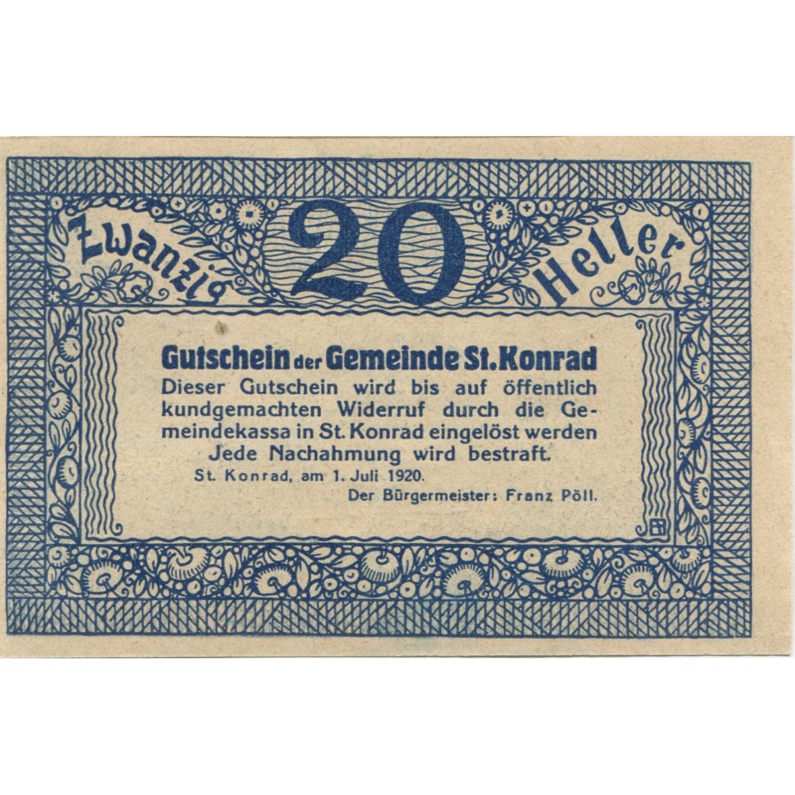 Nota, Áustria, ST KONRAD, 20 Heller, montagne, 1920, UNC(63), Mehl:FS 899