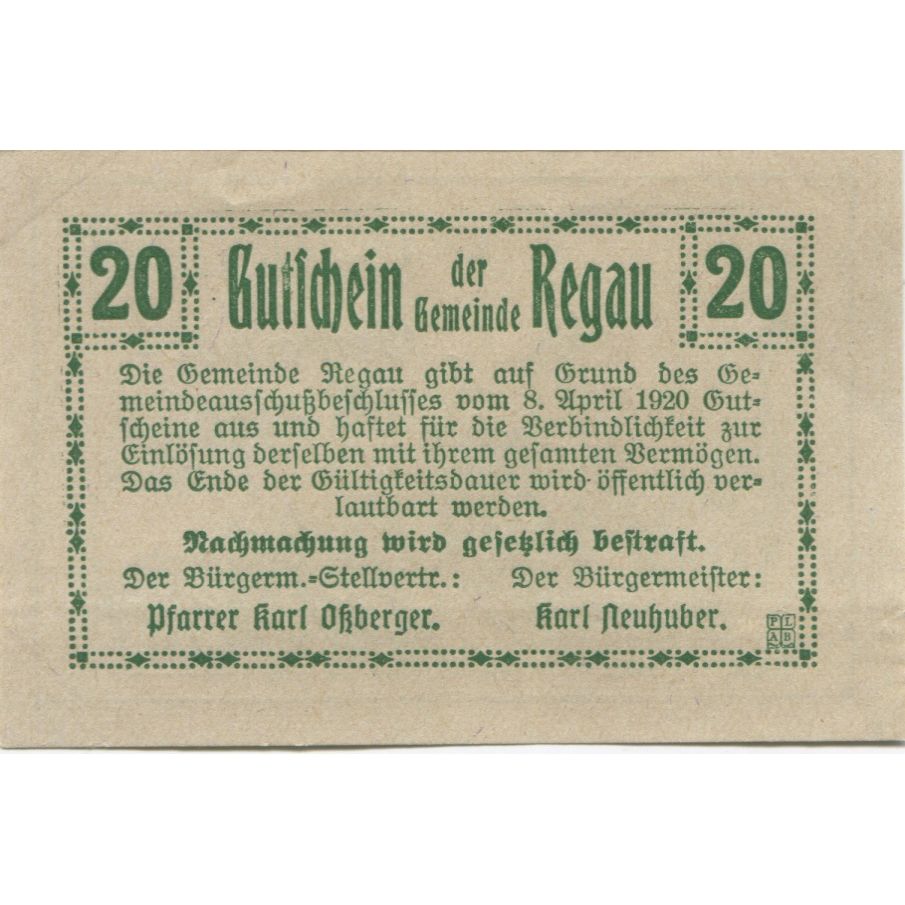 Geldschein, Österreich, Regau, 20 Heller, Eglise, 1920, UNZ-, Mehl:FS 825