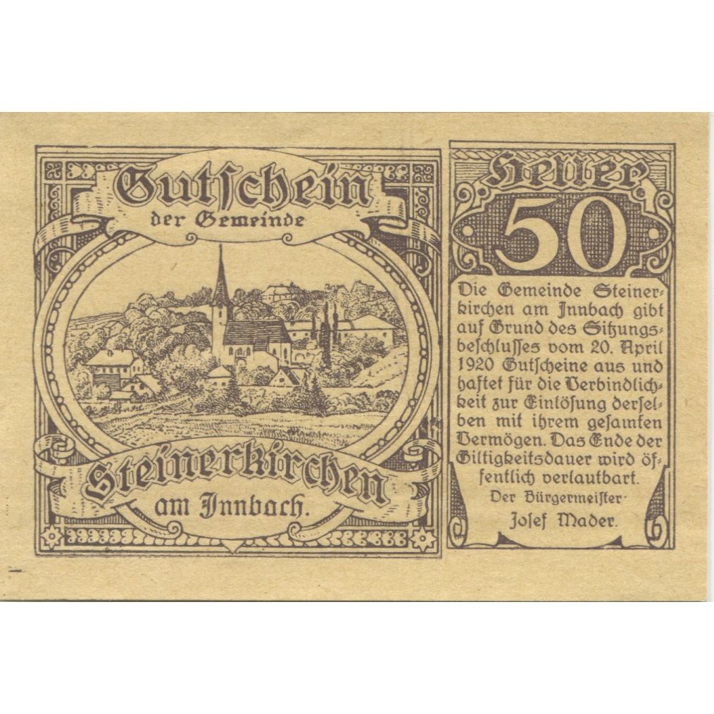 Billet, Autriche, Steinerkirchen, 50 Heller, village, 1920, SPL, Mehl:FS 1028a
