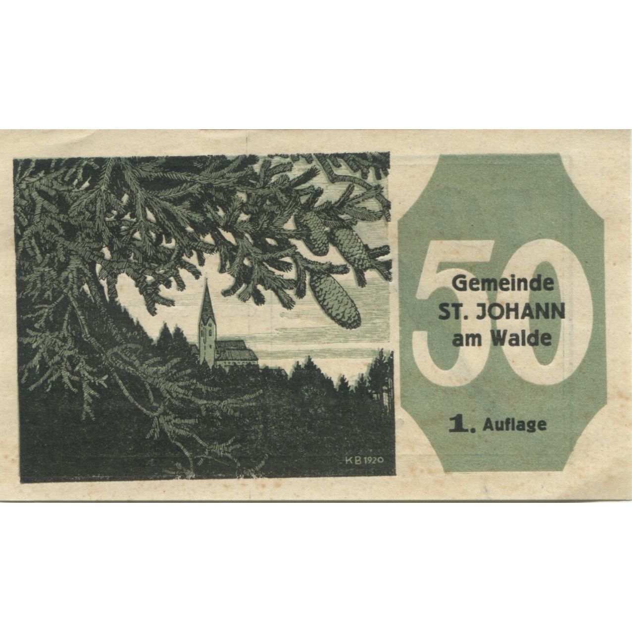 Nota, Áustria, St Johann, 50 Heller, Eglise 1921-01-21, UNC(63), Mehl:FS 893a