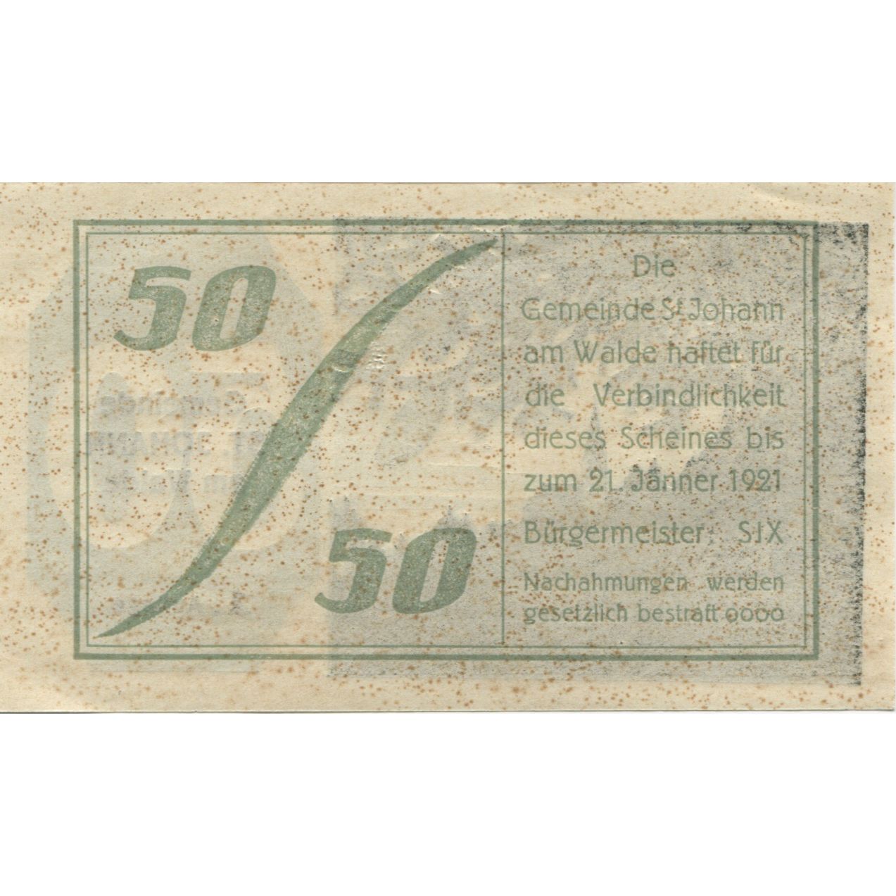 Nota, Áustria, St Johann, 50 Heller, Eglise 1921-01-21, UNC(63), Mehl:FS 893a