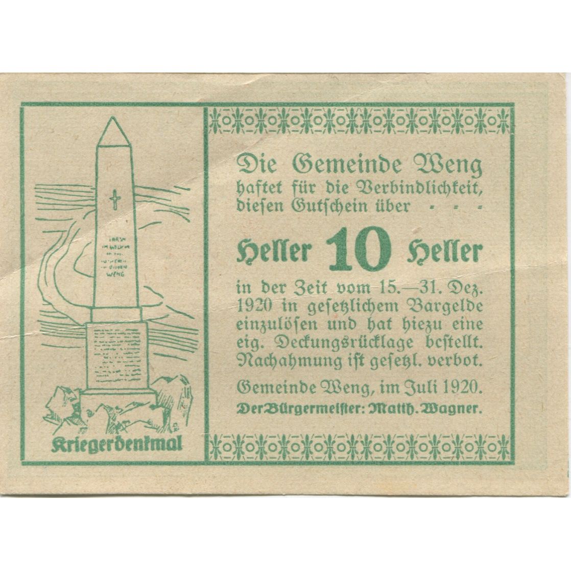 Billet, Autriche, Weng, 10 Heller, Monument 1920-12-31, SPL Mehl:FS 1171I.1