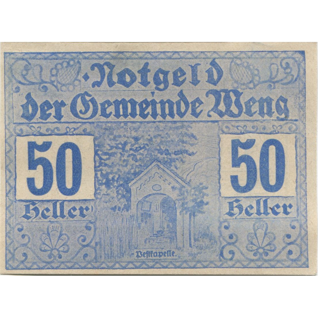 Geldschein, Österreich, Weng, 50 Heller, Eglise 1920-12-31, UNZ- Mehl:FS 1171I.1