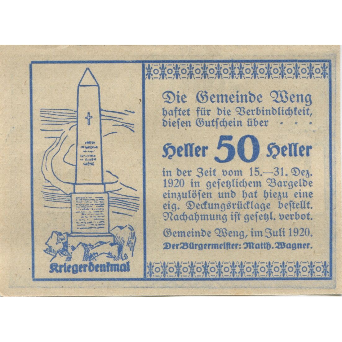 Geldschein, Österreich, Weng, 50 Heller, Eglise 1920-12-31, UNZ- Mehl:FS 1171I.1